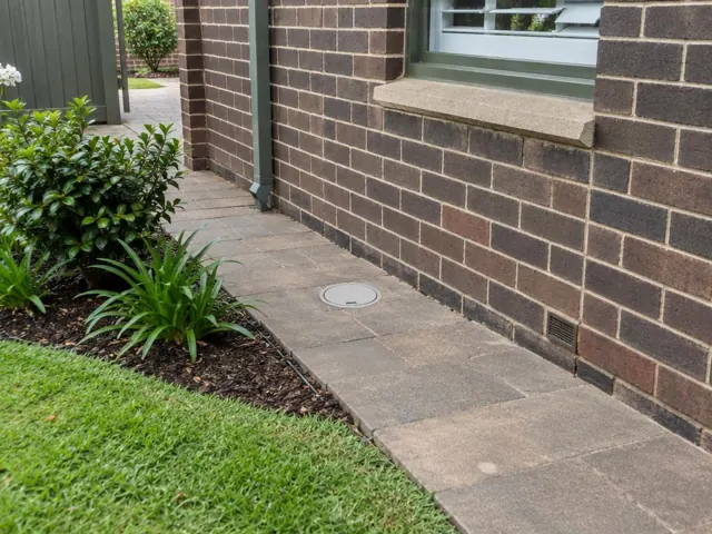 Flush capped access point in a paved side path beside a brick house in Waitara